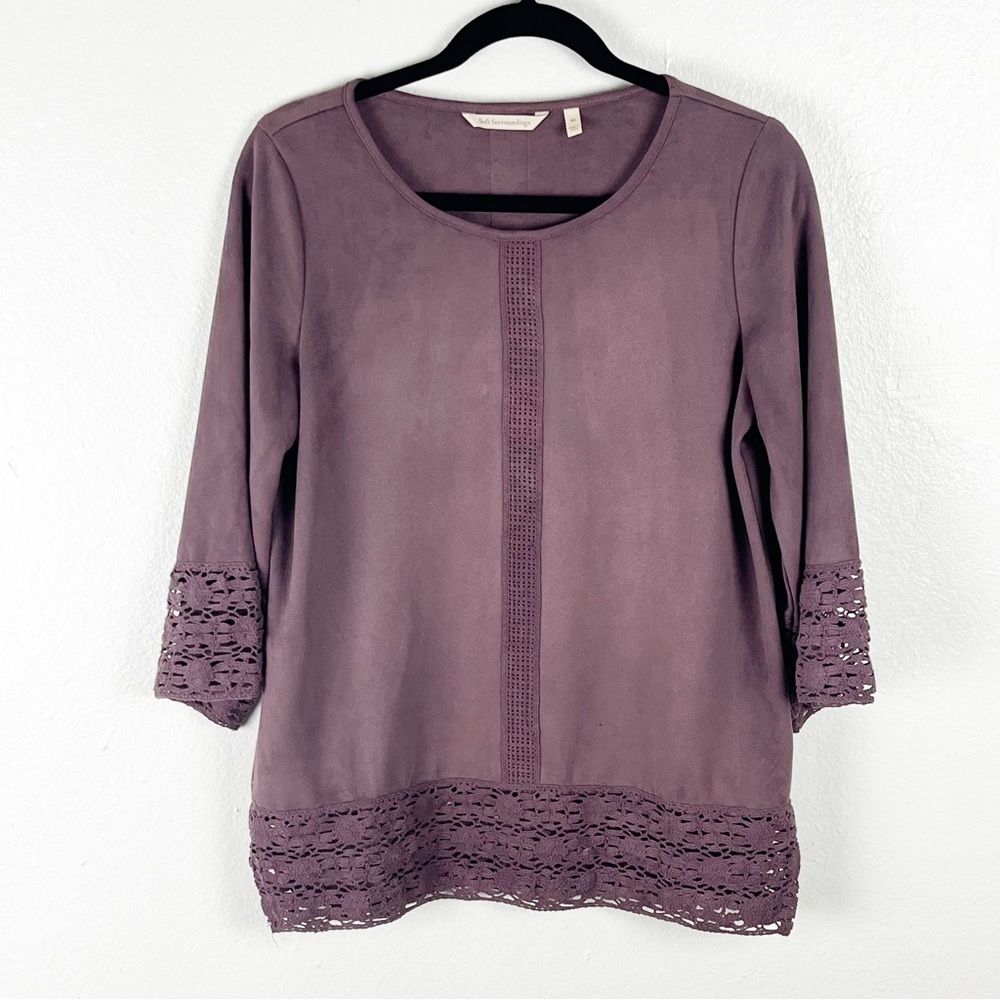 SOFT SURROUNDINGS Susina Purple Lace Trim 3/4 Sleeves Top XS Casual Neutral Boho
